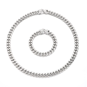 Polished silver stainless steel Cuban link necklace and bracelet set in a circular layout