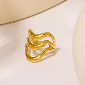 Three-layer wave gold ring with a polished 18K finish in a modern minimalist style