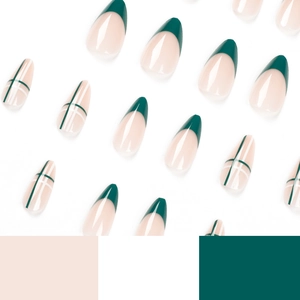 Almond-shaped press-on nails featuring green French tips and white grid line patterns