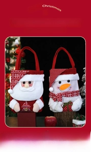 Close-up of Santa and Snowman 3D fabric gift bags with intricate knit and snowflake details
