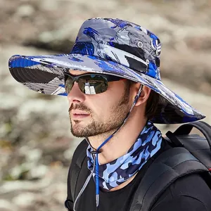 Chapeau De Soleil Camouflage À Large Bord Coton Polyester Respirant Extérieur Pêche Randonnée Bob Avec Corde Réglable