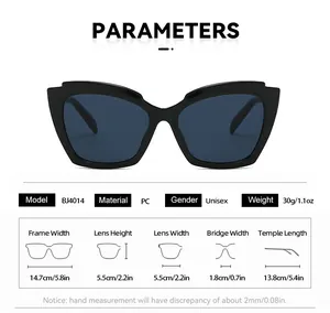 Detailed size parameters and frame specifications for cat-eye sunglasses model BJ4014