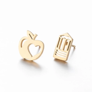 Asymmetric gold stainless steel stud earrings featuring hollow apple and milk carton shapes