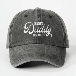 Close-up of Best Daddy Ever white embroidery on dark gray washed cotton baseball cap