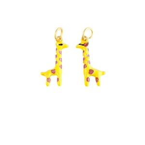 Pair of cartoon giraffe charms with yellow enamel finish and golden metal hooks