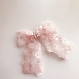 Pink sweet lace bow hair clip with flower embroidery, sequins and pearls for girls