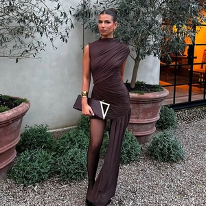 Detail of dark brown slim fit sleeveless dress with ruching and asymmetric hem design