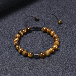 Adjustable 8mm natural tiger eye stone beaded bracelet with hematite cylinder focal bead