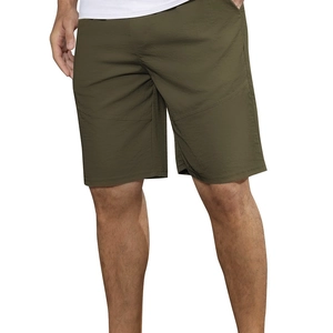 Men's olive green loose quick-dry sports shorts shown in a 45-degree angle model view