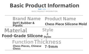 Detailed specifications for chess piece silicone molds showing dimensions and food grade material