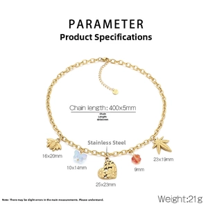 Detailed chart of stainless steel necklace with five charms and product dimensions