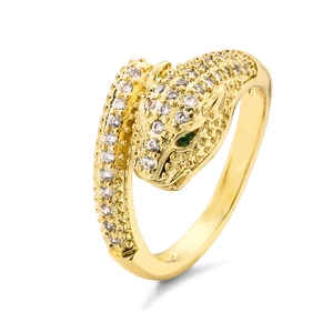 18K gold plated copper leopard head open ring with sparkling white and green zircons