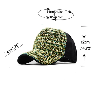 Black baseball cap with gold rhinestones and pearls featuring specific size measurements