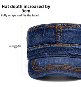 Detail view of denim cadet cap showing deep 9cm crown and contrast orange stitching