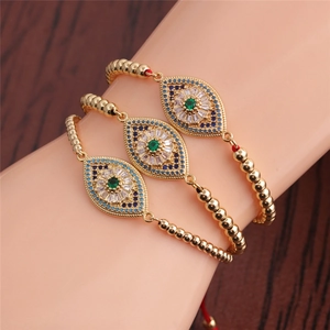 Evil Eye Bracelet Copper Zircon Micro Inlaid Gold Plated Adjustable Bead Chain Boho Style Jewelry For Women