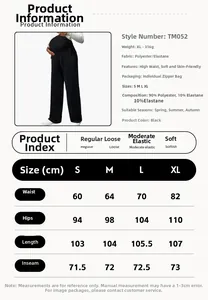 Size chart detail for maternity straight leg pants showing dimensions and fabric specs