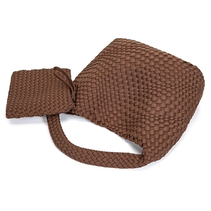 Handwoven brown neoprene shoulder bag set with large tote and matching coin purse
