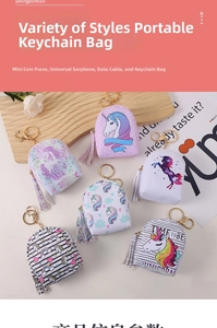 Detailed view of unicorn coin purses with zippers, metal keyrings and tassel charms