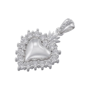 Macro shot of silver heart pendant with pave-set zircon stones and crown bail detail