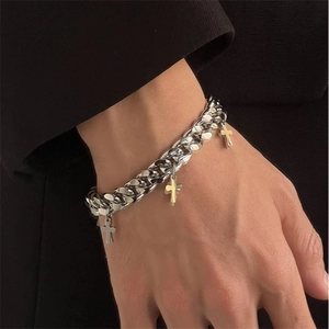 Titanium Steel Cuban Link Chain Bracelet With Cross Charms Polished Hip Hop Style Unisex Jewelry