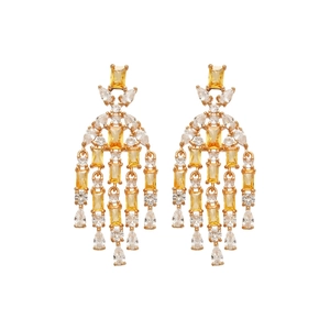 Luxurious gold chandelier tassel earrings with yellow and white square zircon crystals
