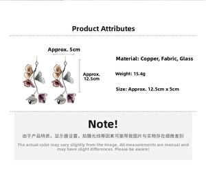 Detailed size and material chart for fabric flower tassel earrings with glass beads