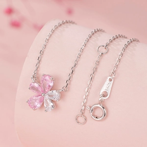 Elegant S925 sterling silver necklace with pink and white zircon floral pendant