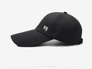 Detail of breathable laser-cut holes and white NY embroidery on a black sports cap
