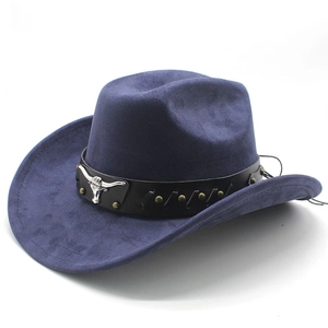 Dark blue suede western cowboy hat with silver bull head emblem and vintage gold studs