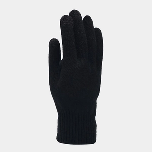 Close-up of black knitted gloves with textured yarn patterns and five-finger design
