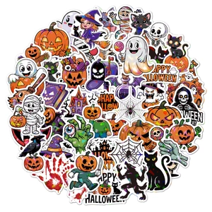Close-up of holographic Halloween stickers featuring colorful pumpkin and ghost designs