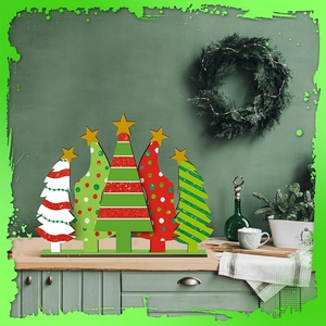 Macro detail of wooden Christmas tree ornaments on a kitchen counter with festive decor