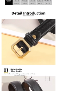 Detailed size chart for women's black leather belt with golden geometric buckle