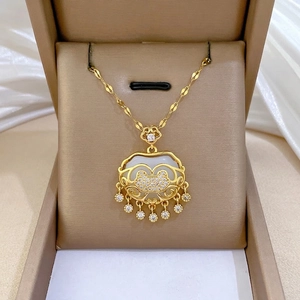 Ruyi Longevity Lock Pendant Necklace Stainless Steel Chain Copper Cubic Zirconia Tassel Traditional Style Elegant Women Jewelry