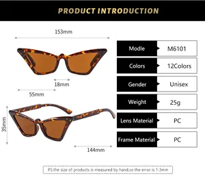Size chart for cat-eye sunglasses M6101 with frame dimensions and product specifications