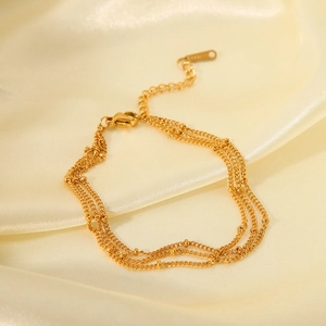 Triple Layer Chain Bracelet Stainless Steel 18K Gold Plated Beaded Link Fashion Jewelry For Women