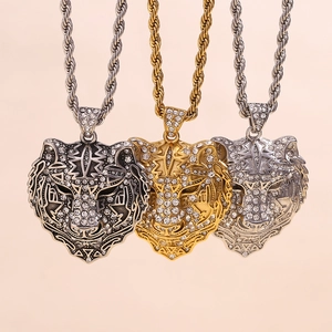 Hip-hop 18K gold plated tiger pendants with rhinestones on twist chains for men