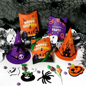 Halloween gift boxes set featuring orange and purple wizard hats and candy boxes