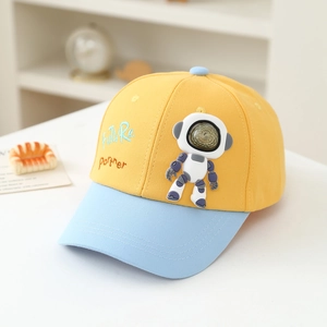 Detail of cartoon robot baseball cap with Future Partner embroidery and 3D astronaut icon