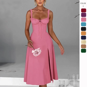 Women Midi Dress Corset Style Ruched Bust Side Slit Spaghetti Strap Slim Fit Polyester Elegant Sleeveless Solid Color
