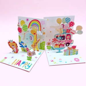 3D pop-up animal theme cards with cartoon elephant, giraffe and ice cream truck design