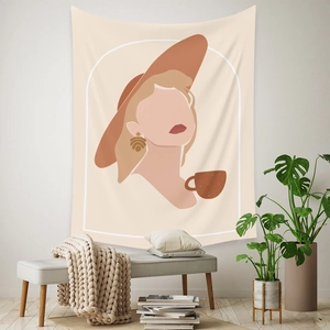 Detail of minimalist bohemian tapestry featuring abstract woman figure in modern home interior