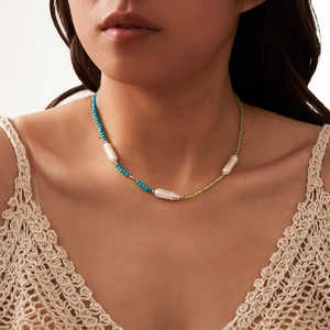 S925 silver beaded necklace with turquoise peridot and baroque pearls on model