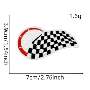 Detailed size chart of checkered flag and speedometer embroidery patch measuring 7x3.9cm