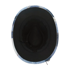 Detail view of ethnic jazz hat with blue patterned brim and black lining inside