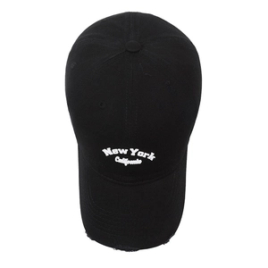 Black distressed cotton baseball cap with New York California embroidery in white