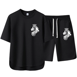 Men's Short Sleeve T-Shirt And Drawstring Shorts Summer Casual Sports Wear Lion Crown Print Breathable Lightweight