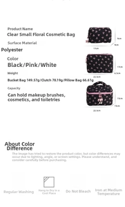 Floral makeup bag set with size measurements for barrel, clutch and pillow bag styles
