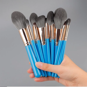 Detail of 13 professional makeup brushes with blue handles and soft grey synthetic hair