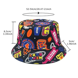Kids reversible bucket hat with colorful street style graffiti and size measurements